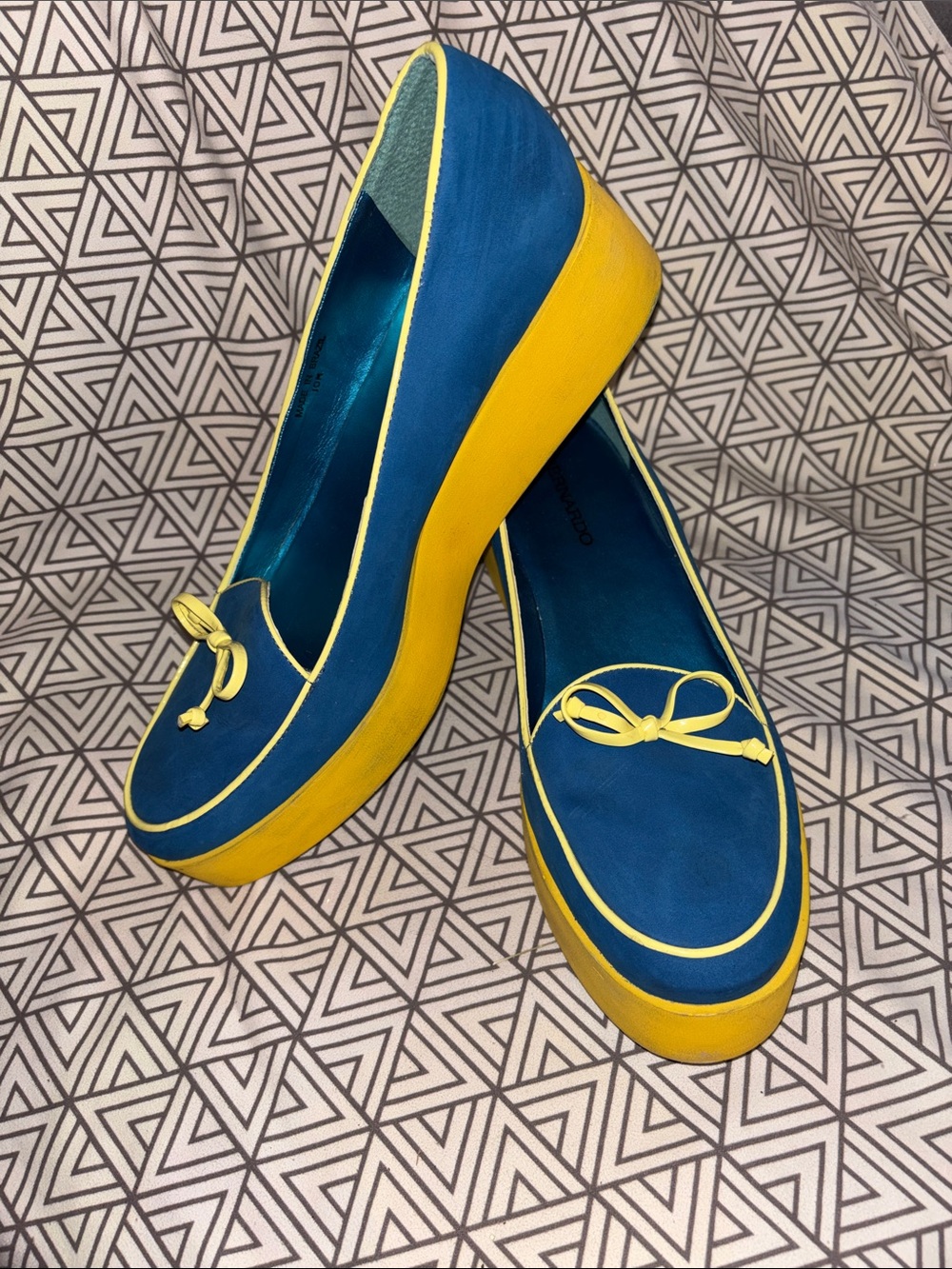 Bernardo Blue Platform Loafers with Yellow Trim